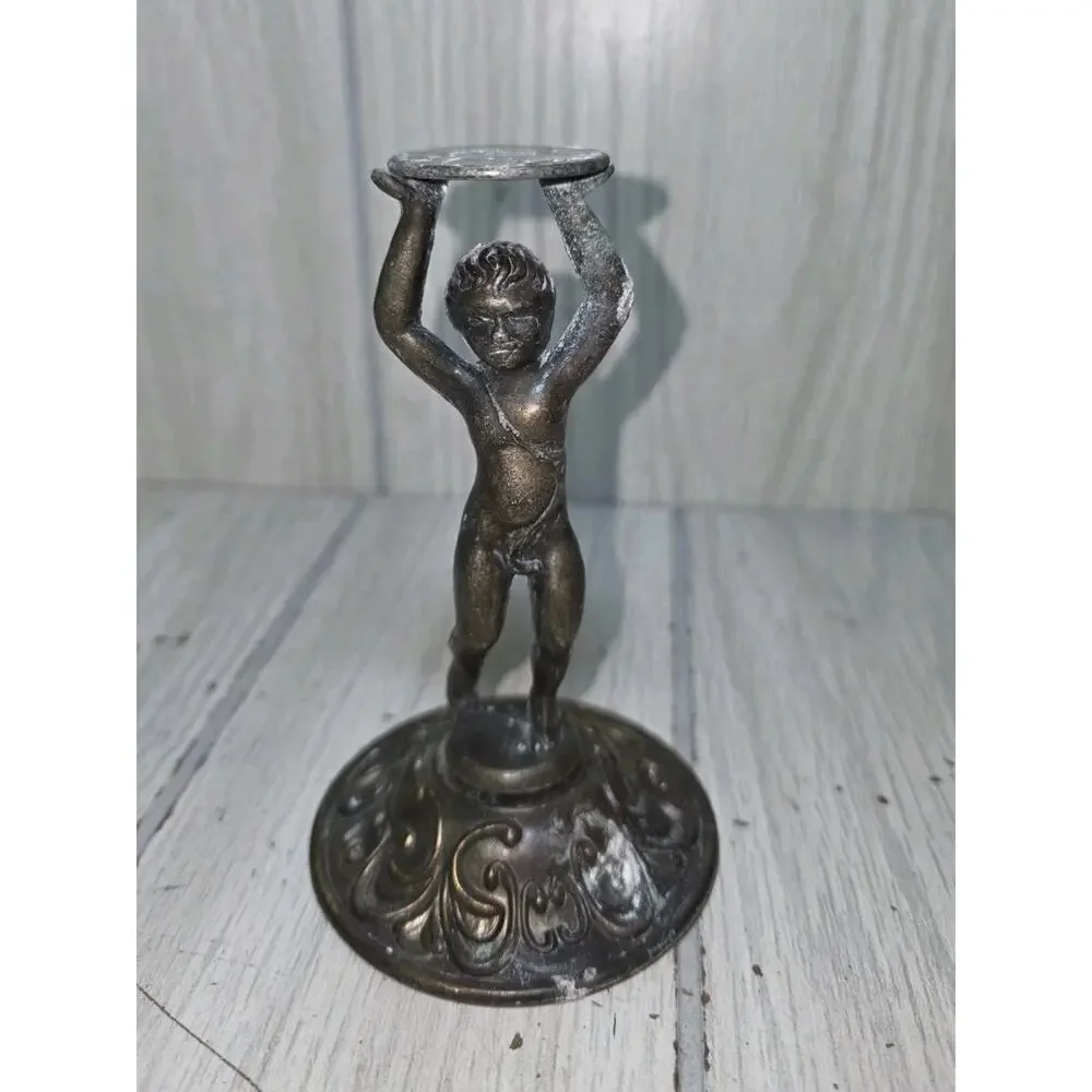 Antique Solid Cast Brass Cherub Boy Child Candlestick Holder Patina 5